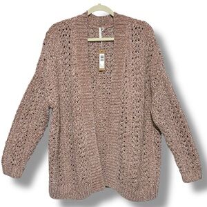 Hello Nite Oversized Chenille Chunky Knit Open Front Cardigan Almond M NWT